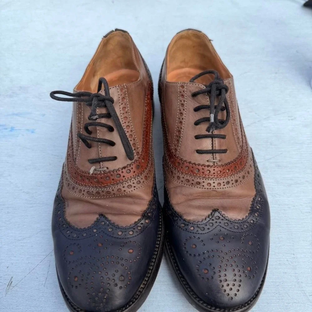 Fratelli Rossetti Tri-Color Leather Wingtip Oxfords Navy Brown Made in Italy 36